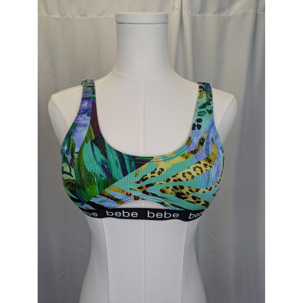 Bebe‎ Size Small Tropical Animal Print Ribbed Sports Cutout Bikini Top Swim Blue